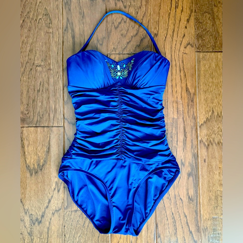 Badgley Mischka Blue Beaded Ruched One Piece Bathing Suit